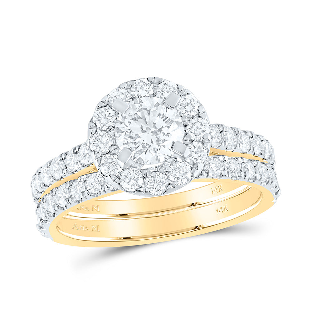 14kt Yellow Gold Round Diamond Halo Bridal Wedding Ring Band Set 1-7/8 Cttw