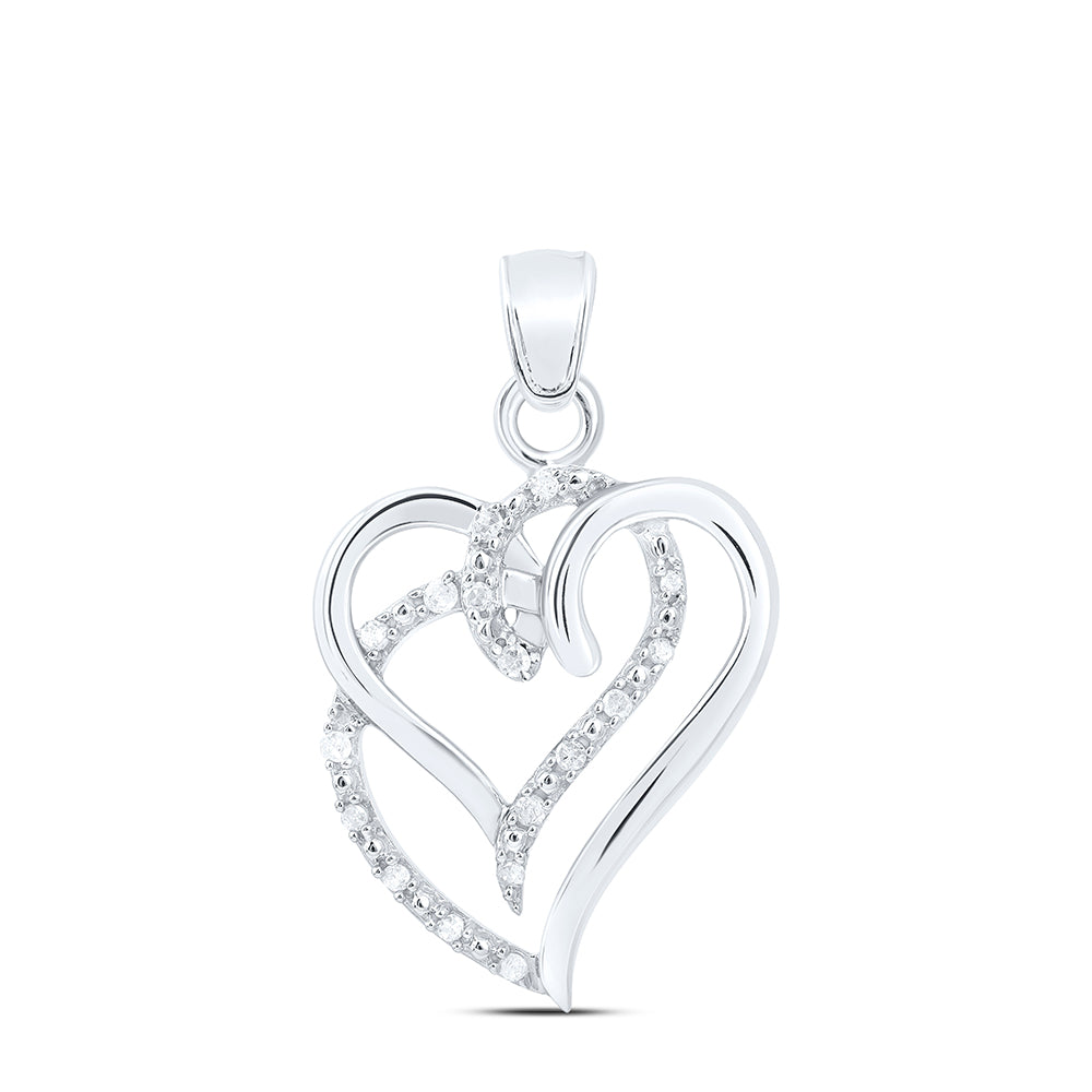 Sterling Silver Womens Round Diamond Double Heart Pendant 1/10 Cttw