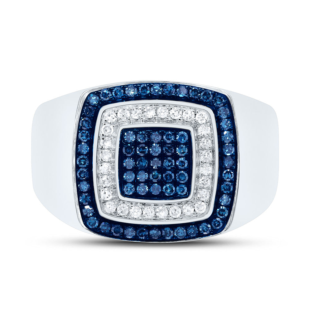 10kt White Gold Mens Round Blue Color Treated Diamond Square Ring 3/4 Cttw