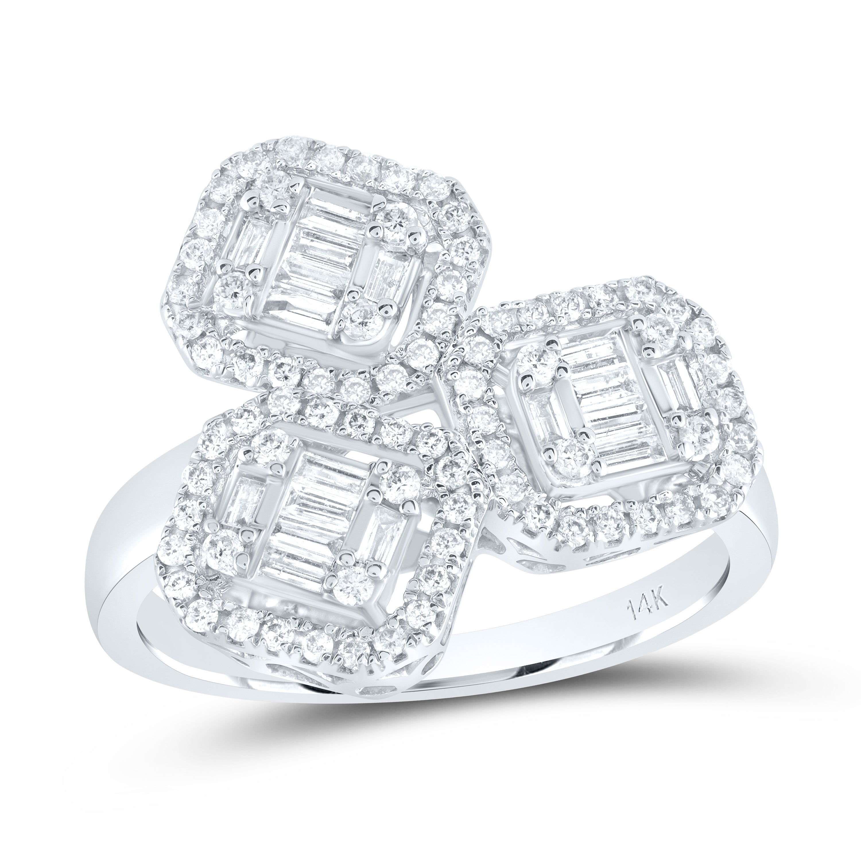 14kt White Gold Womens Baguette Diamond Triple Square Cluster Ring 5/8 Cttw