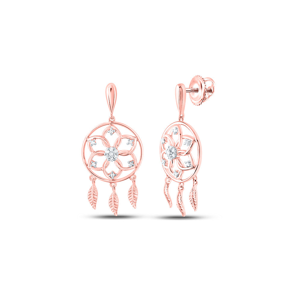 10kt Rose Gold Womens Round Diamond Dream Catcher Dangle Earrings 1/10 Cttw