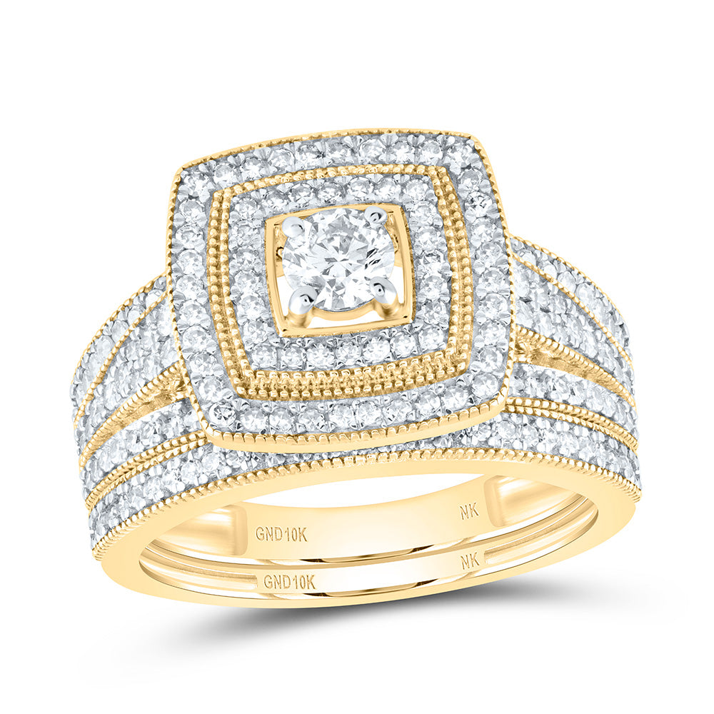 10kt Yellow Gold Round Diamond Square Halo Bridal Wedding Ring Band Set 1 Cttw