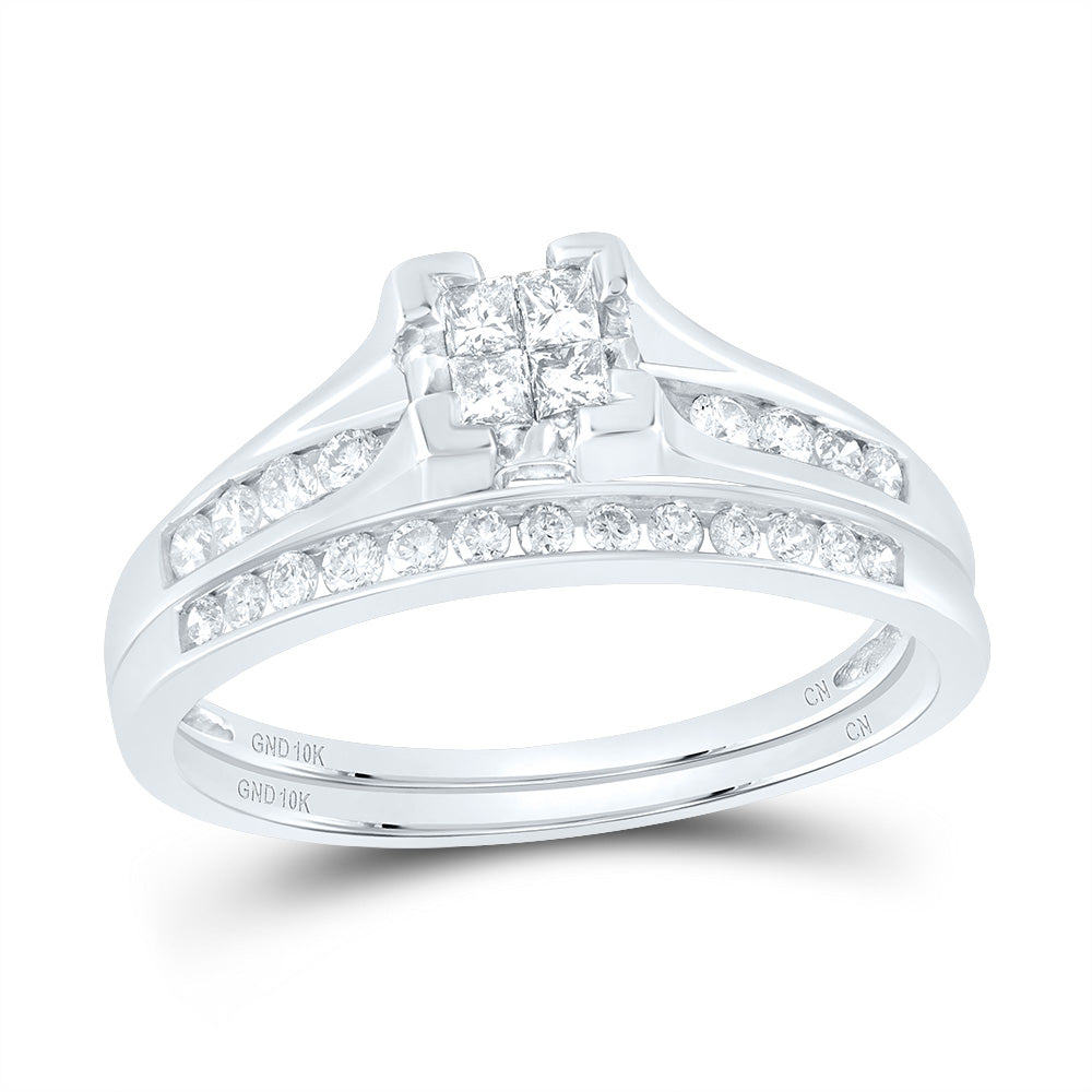 10kt White Gold Princess Diamond Bridal Wedding Ring Band Set 1/2 Cttw