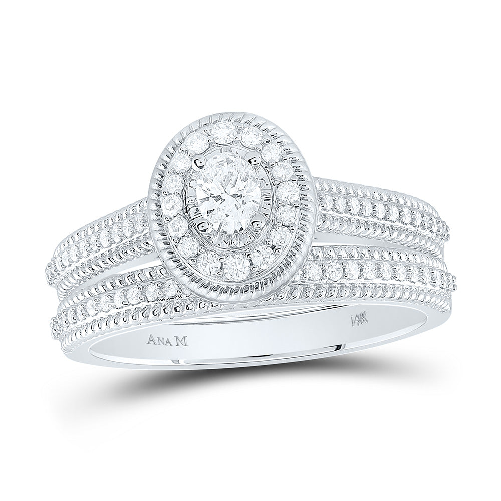 14kt White Gold Oval Diamond Halo Bridal Wedding Ring Band Set 1/2 Cttw
