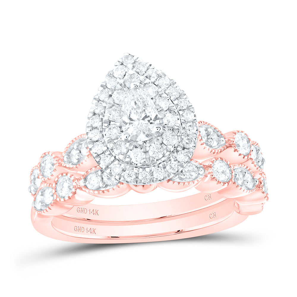 14kt Rose Gold Pear Diamond Halo Bridal Wedding Ring Band Set 1 Cttw