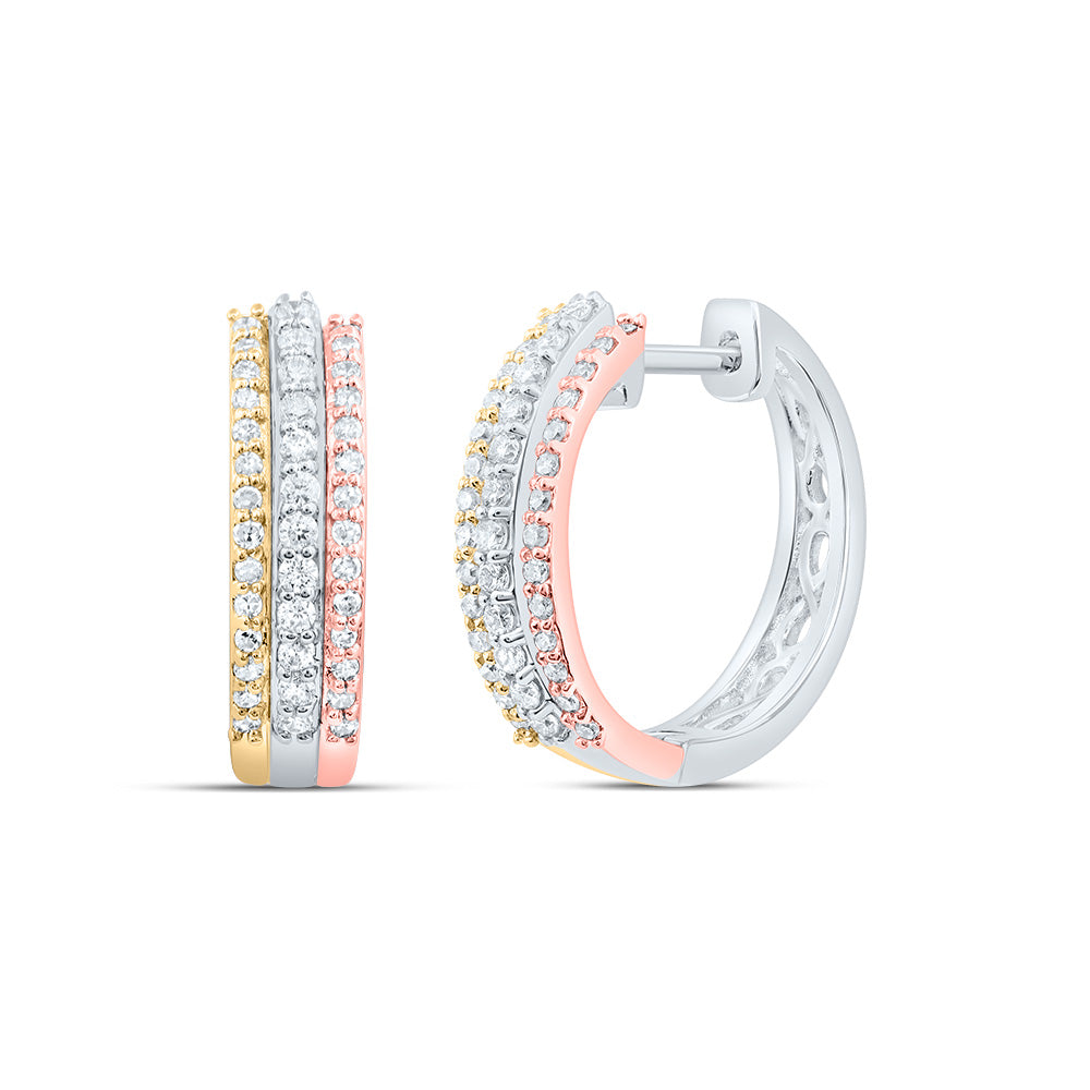 10kt Tri-Tone Gold Womens Round Diamond Hoop Earrings 1/4 Cttw