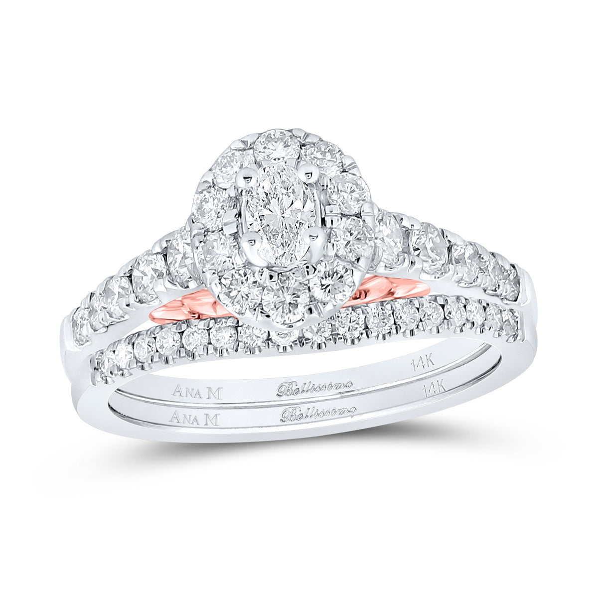 14kt Two-tone Gold Oval Diamond Halo Bridal Wedding Ring Band Set 1 Cttw