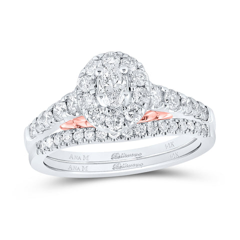 14kt Two-tone Gold Oval Diamond Halo Bridal Wedding Ring Band Set 1 Cttw
