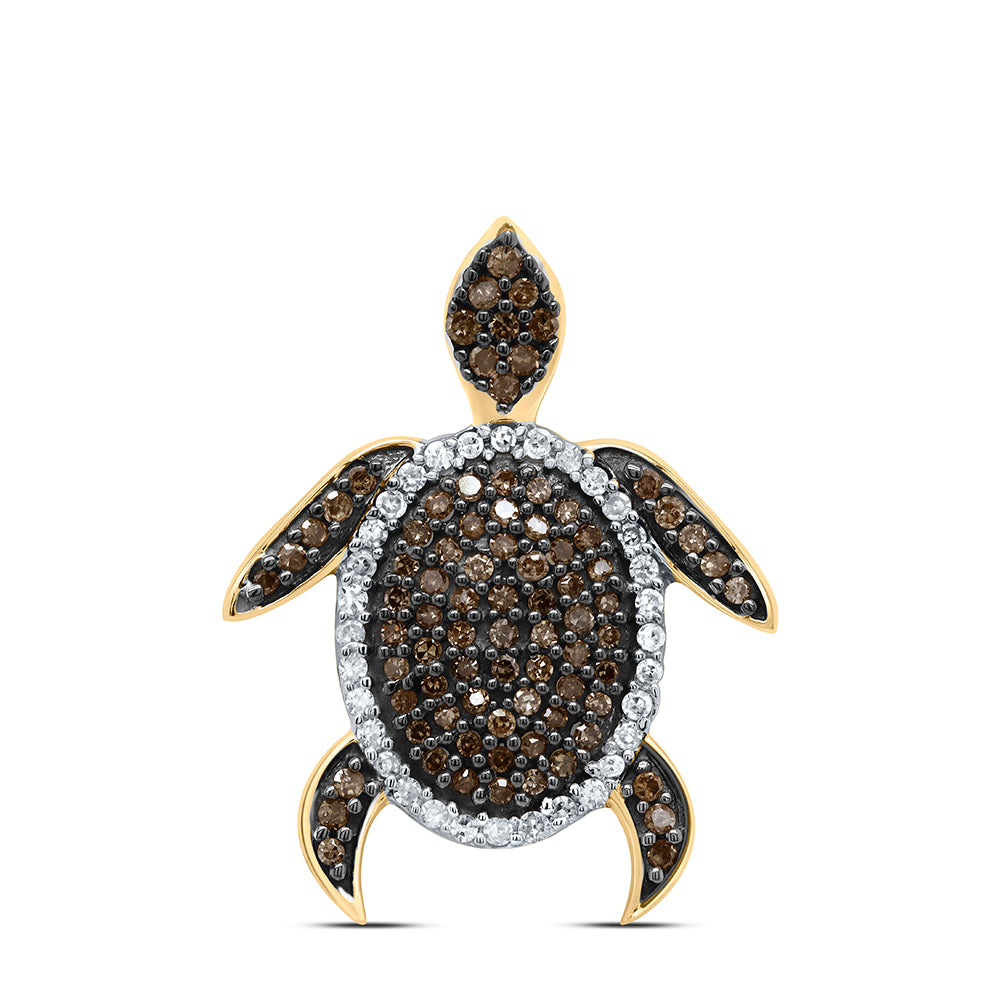 10kt Yellow Gold Womens Round Brown Diamond Sea Turtle Animal Pendant 3/8 Cttw
