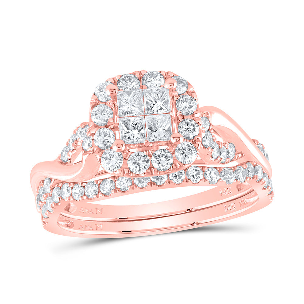 14kt Rose Gold Princess Diamond Halo Bridal Wedding Ring Band Set 1 Cttw