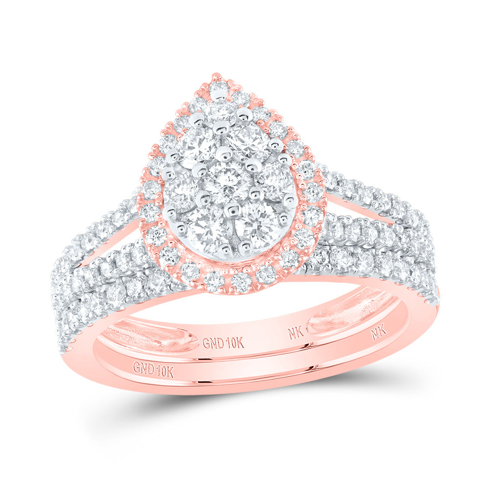 10kt Rose Gold Round Diamond Teardrop Bridal Wedding Ring Band Set 1 Cttw