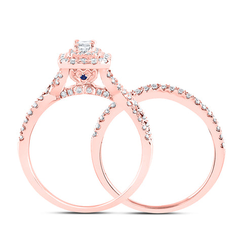 14kt Rose Gold Emerald Diamond Halo Bridal Wedding Ring Band Set 1 Cttw