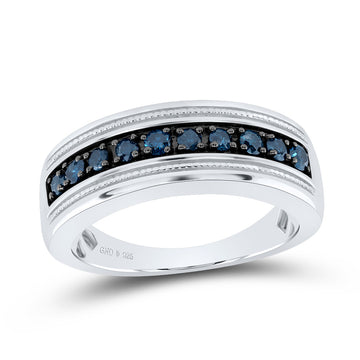Sterling Silver Mens Round Blue Color Enhanced Diamond Wedding Anniversary Band 1/2 Cttw