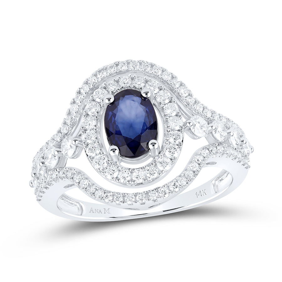 14kt White Gold Womens Oval Blue Sapphire Diamond Solitaire Ring 1-1/2 Cttw