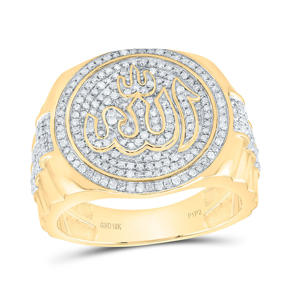 10kt Yellow Gold Mens Round Diamond Allah Islam Circle Ring 3/4 Cttw