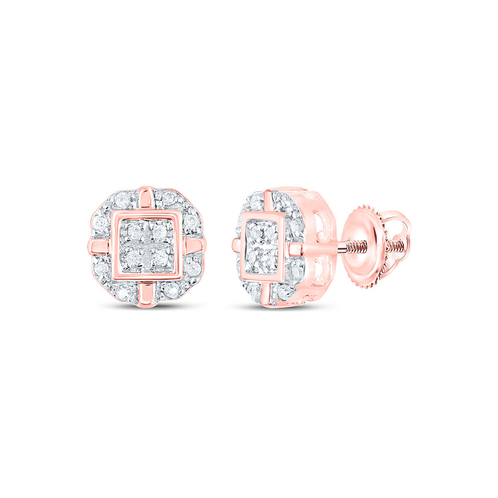 10kt Rose Gold Womens Round Diamond Rounded Square Earrings 1/12 Cttw