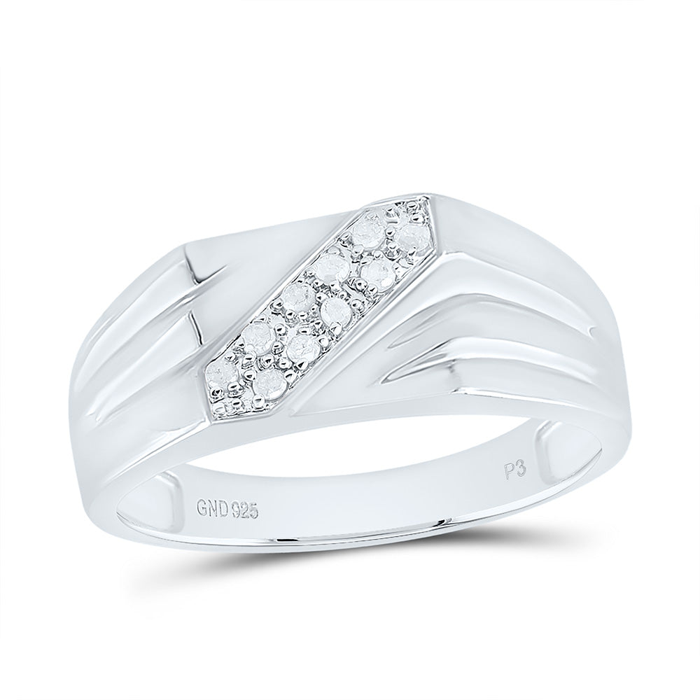 Sterling Silver Mens Round Prong-set Diamond Diagonal Double Row Band Ring 1/10 Cttw