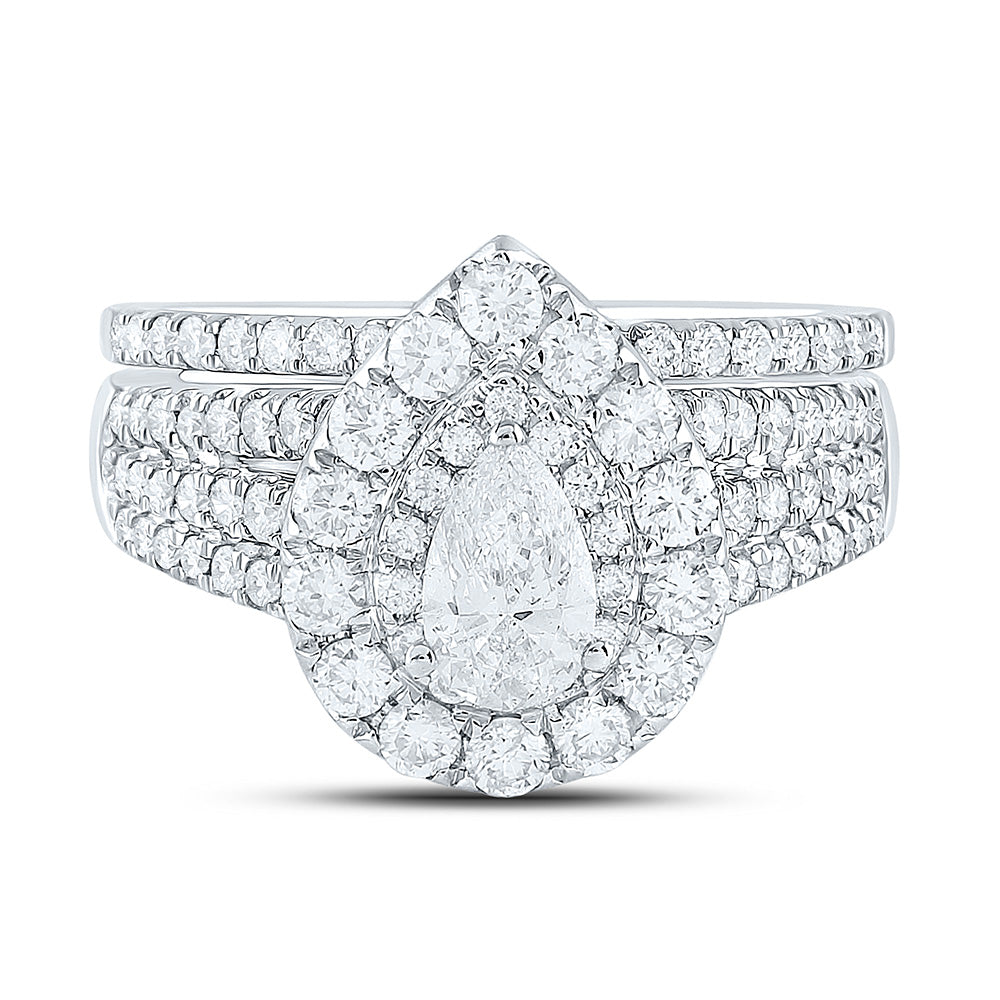 14kt White Gold Pear Diamond Halo Bridal Wedding Ring Band Set 2 Cttw
