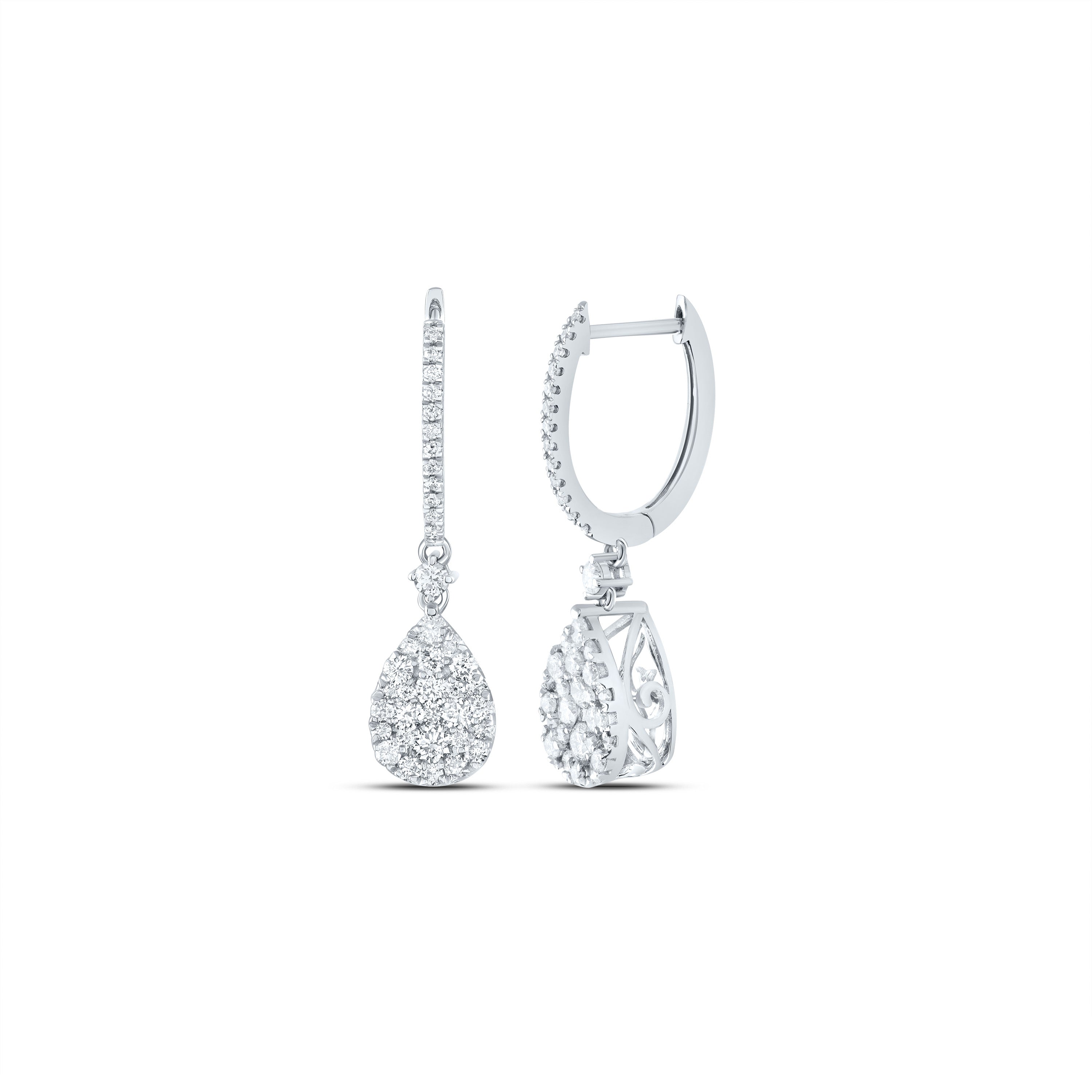 14kt White Gold Womens Round Diamond Hoop Teardrop Dangle Earrings 1 Cttw