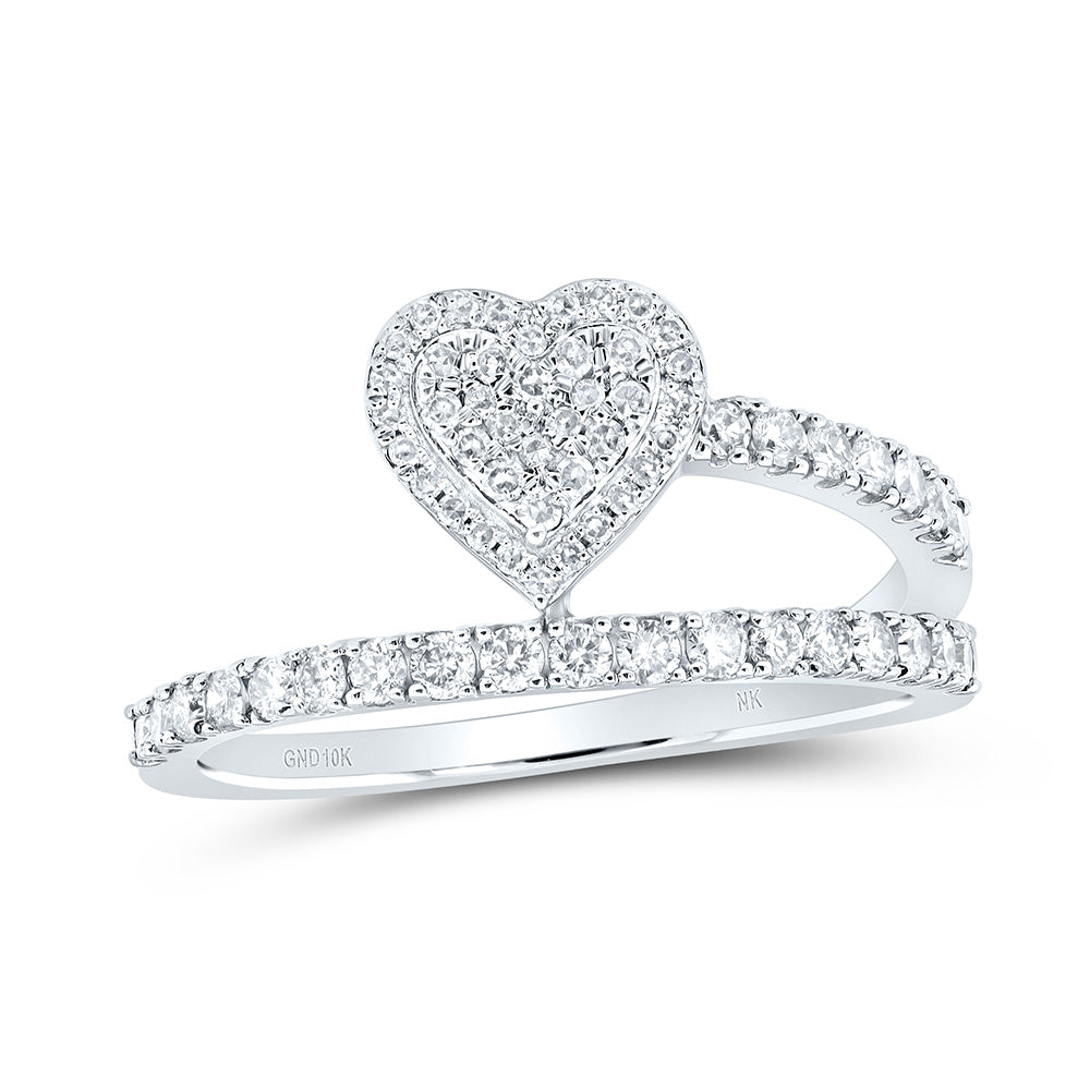 10kt White Gold Womens Round Diamond Heart Ring 1/2 Cttw