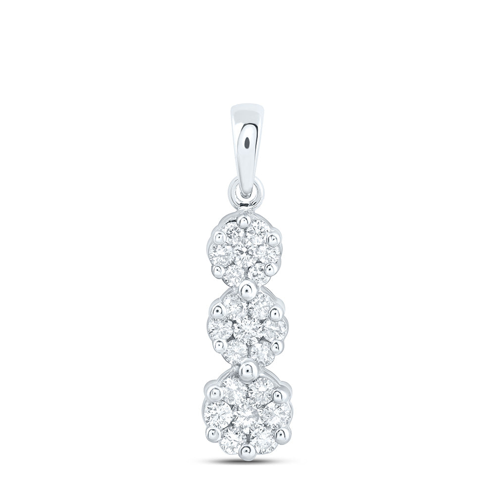 14kt White Gold Womens Round Diamond Triple Flower Cluster Pendant 1/2 Cttw