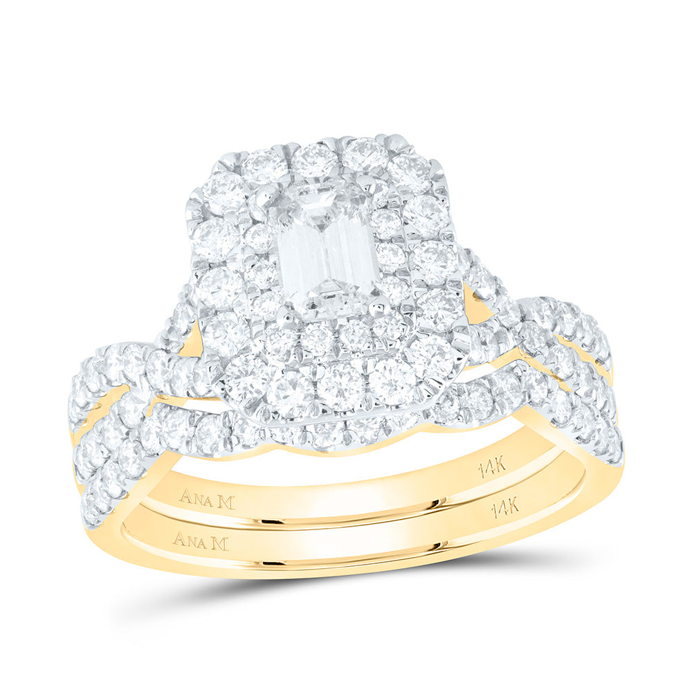 14kt Yellow Gold Emerald Diamond Halo Bridal Wedding Ring Band Set 1-1/2 Cttw
