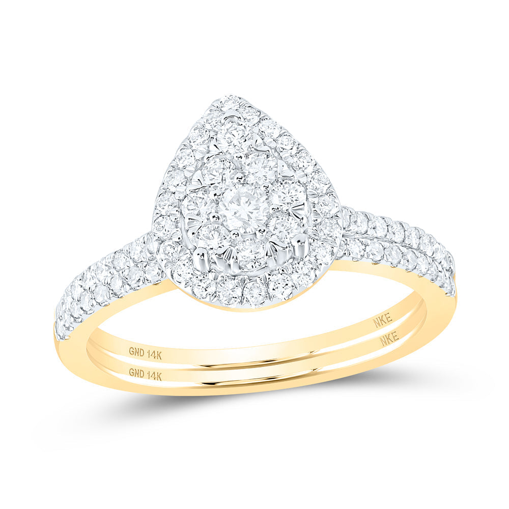 14kt Yellow Gold Round Diamond Slender Teardrop Bridal Wedding Ring Band Set 3/4 Cttw