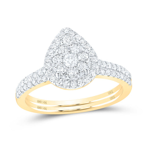 14kt Yellow Gold Round Diamond Slender Teardrop Bridal Wedding Ring Band Set 3/4 Cttw
