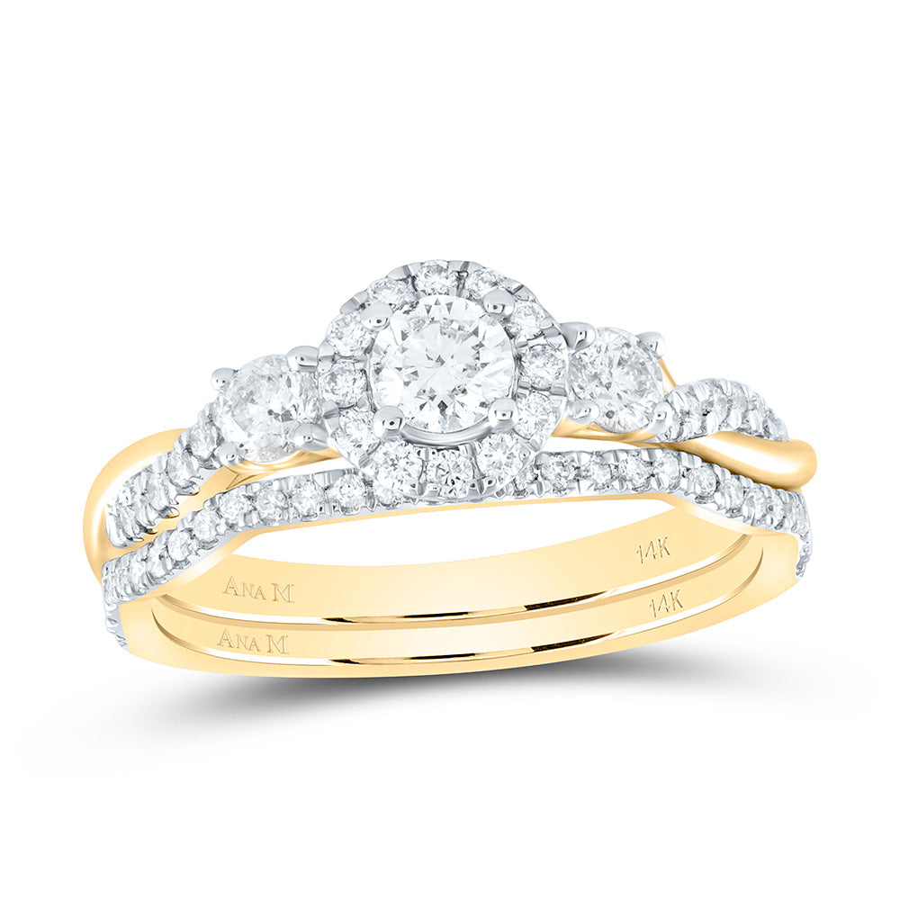 14kt Yellow Gold Round Diamond Halo Bridal Wedding Ring Band Set 3/4 Cttw