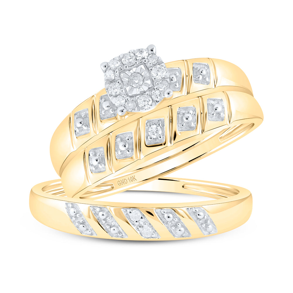 10kt Yellow Gold His Hers Round Diamond Solitaire Matching Wedding Set 1/10 Cttw