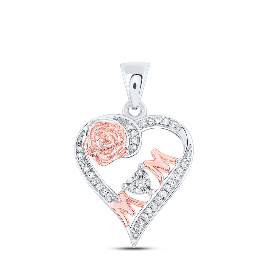 Sterling Silver Womens Round Diamond Rose-tone Mom Heart Pendant 1/8 Cttw