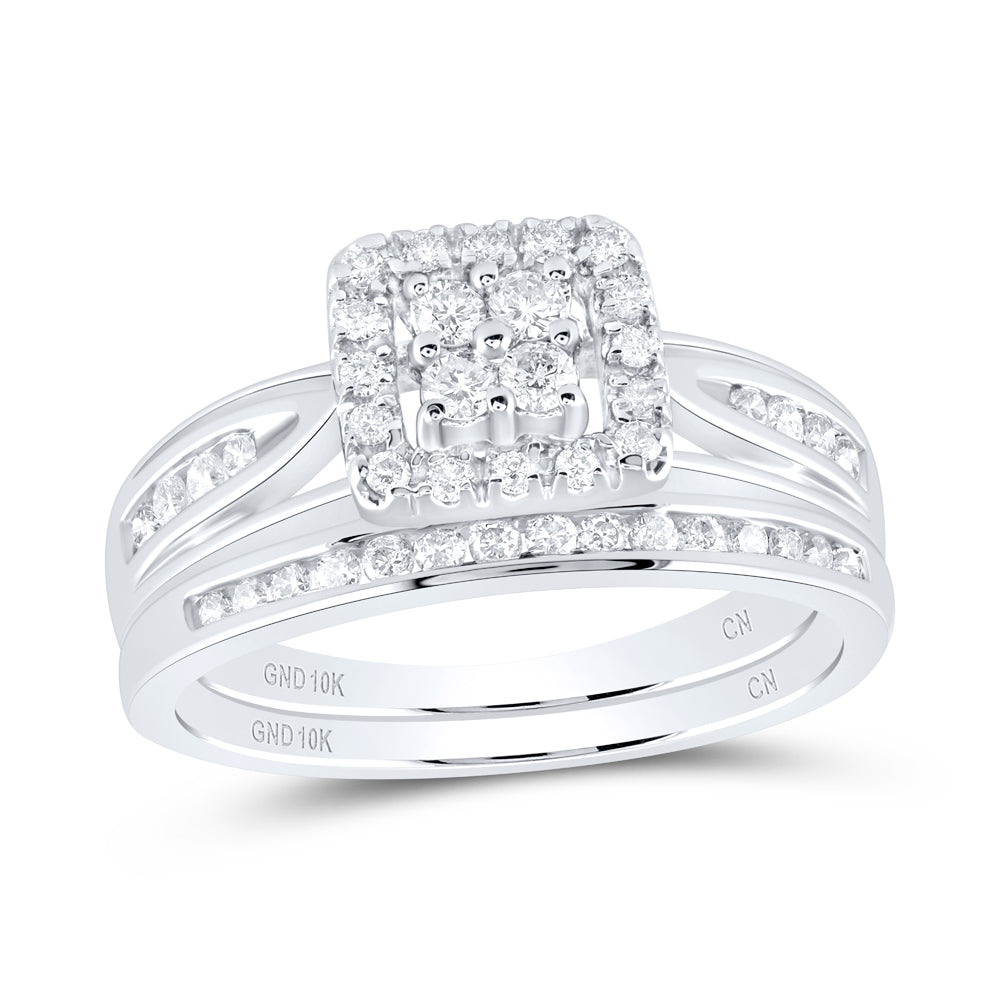 10kt White Gold Round Diamond Cluster Bridal Wedding Ring Band Set 1/2 Cttw