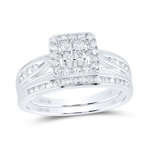 10kt White Gold Round Diamond Cluster Bridal Wedding Ring Band Set 1/2 Cttw