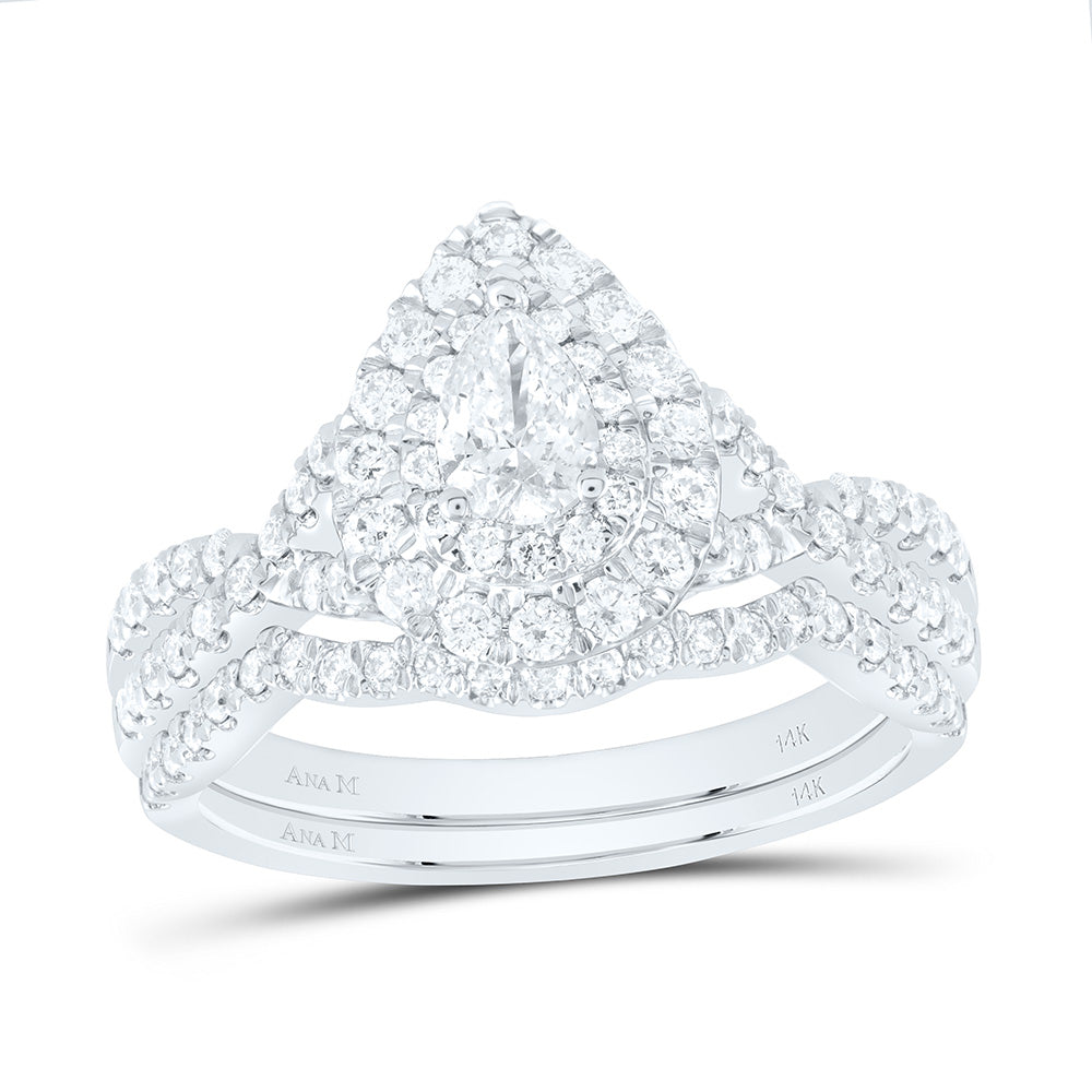 14kt White Gold Pear Diamond Halo Bridal Wedding Ring Band Set 1 Cttw