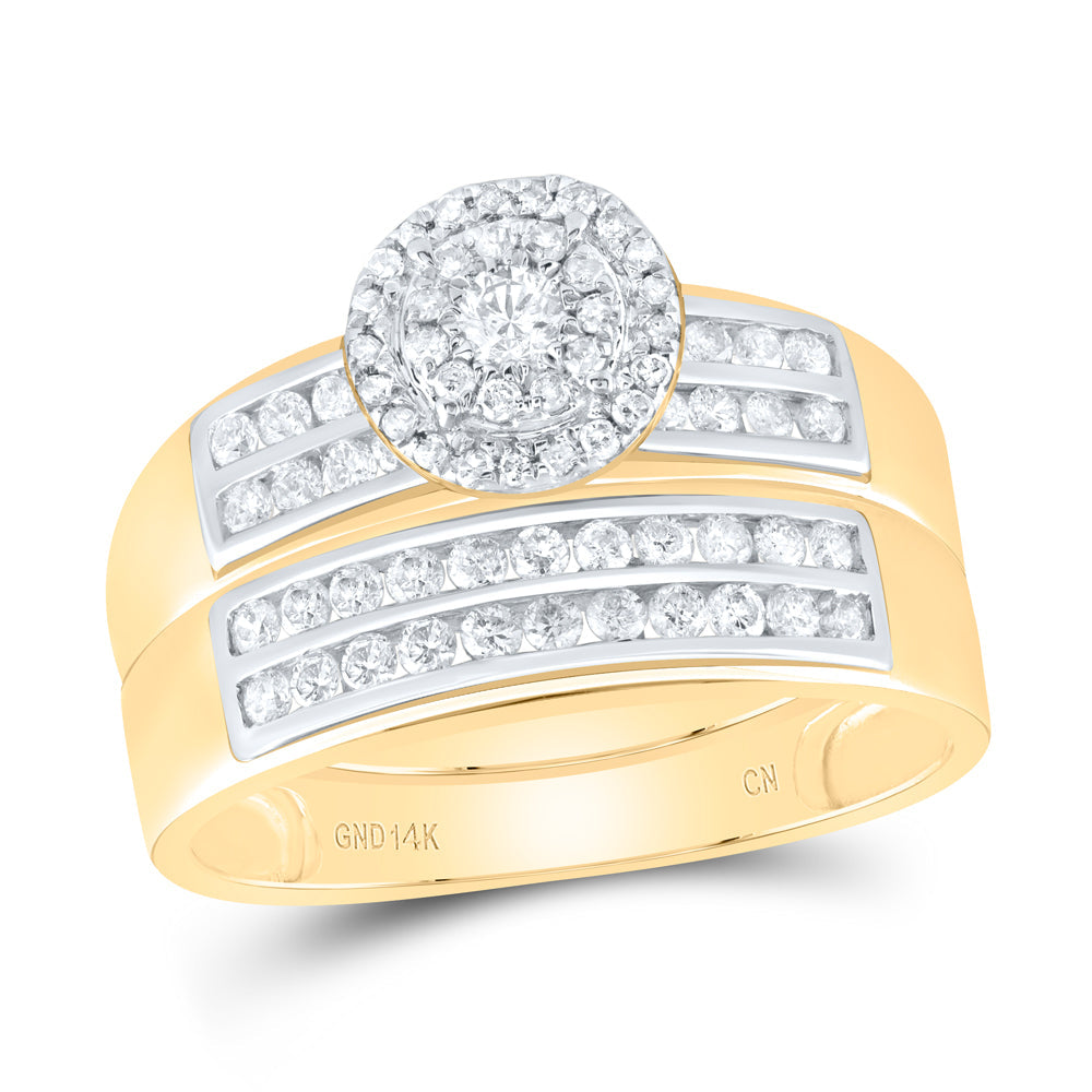 14kt Yellow Gold His Hers Round Diamond Cluster Matching Wedding Set 7/8 Cttw