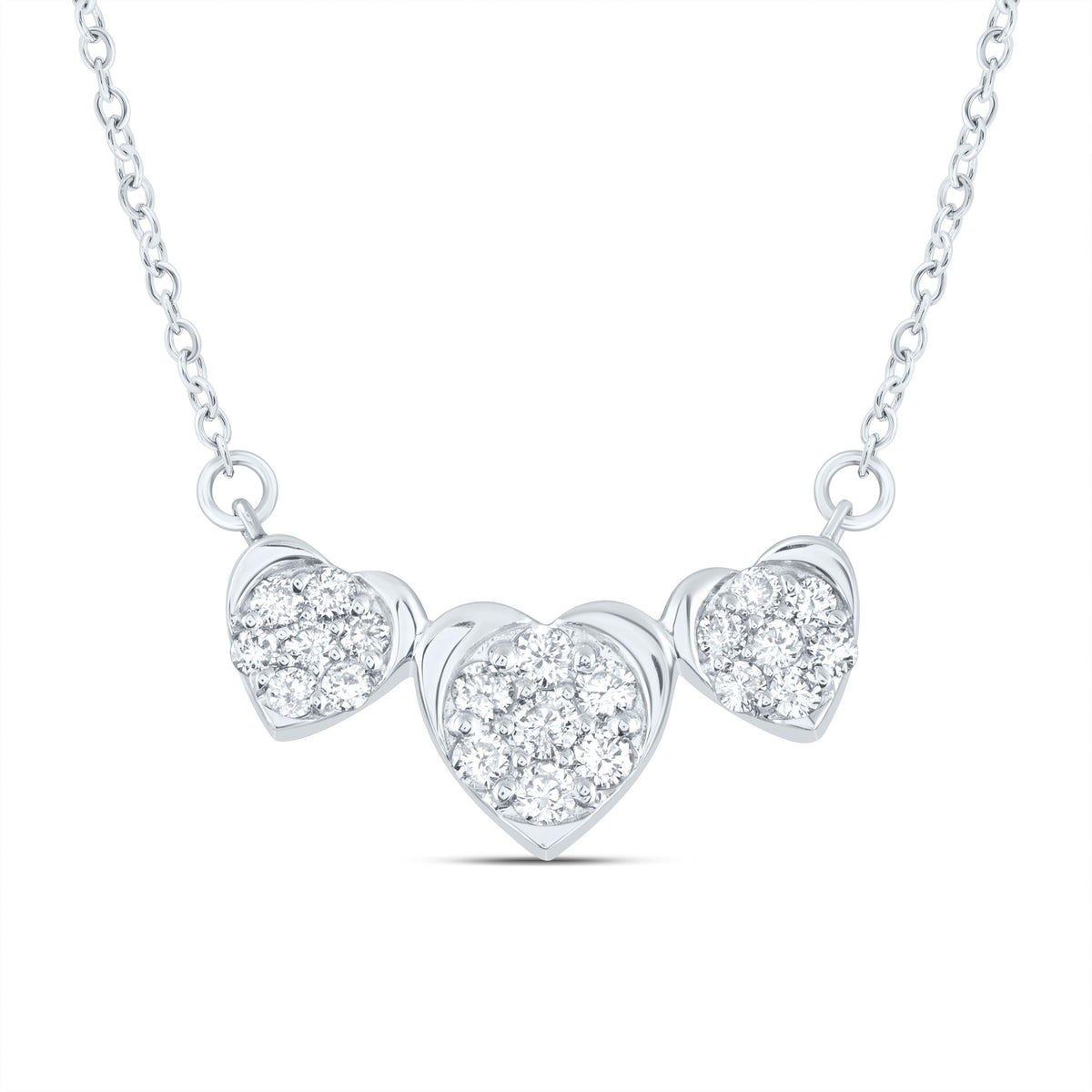10kt White Gold Womens Round Diamond Triple Heart Necklace 1/4 Cttw