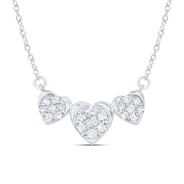 10kt White Gold Womens Round Diamond Triple Heart Necklace 1/4 Cttw