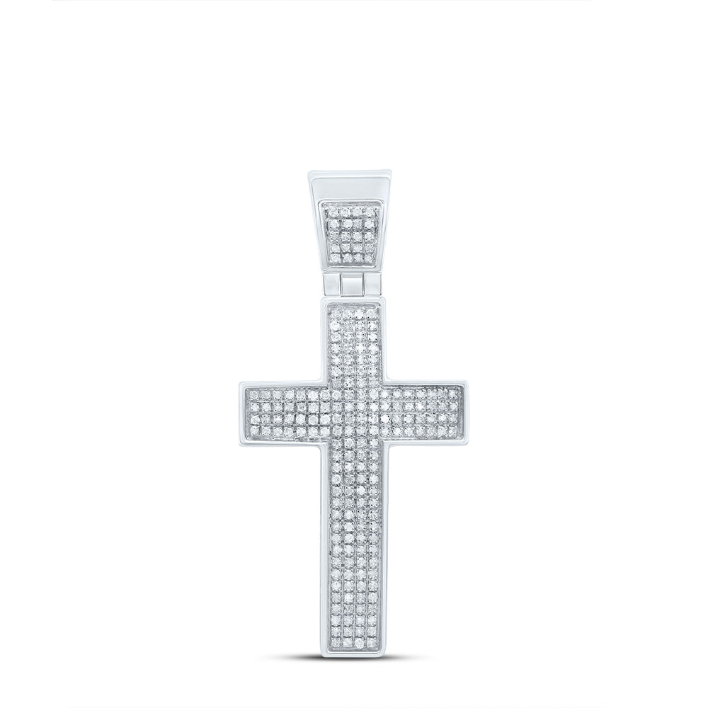 10kt White Gold Mens Round Diamond Cross Charm Pendant 1/2 Cttw