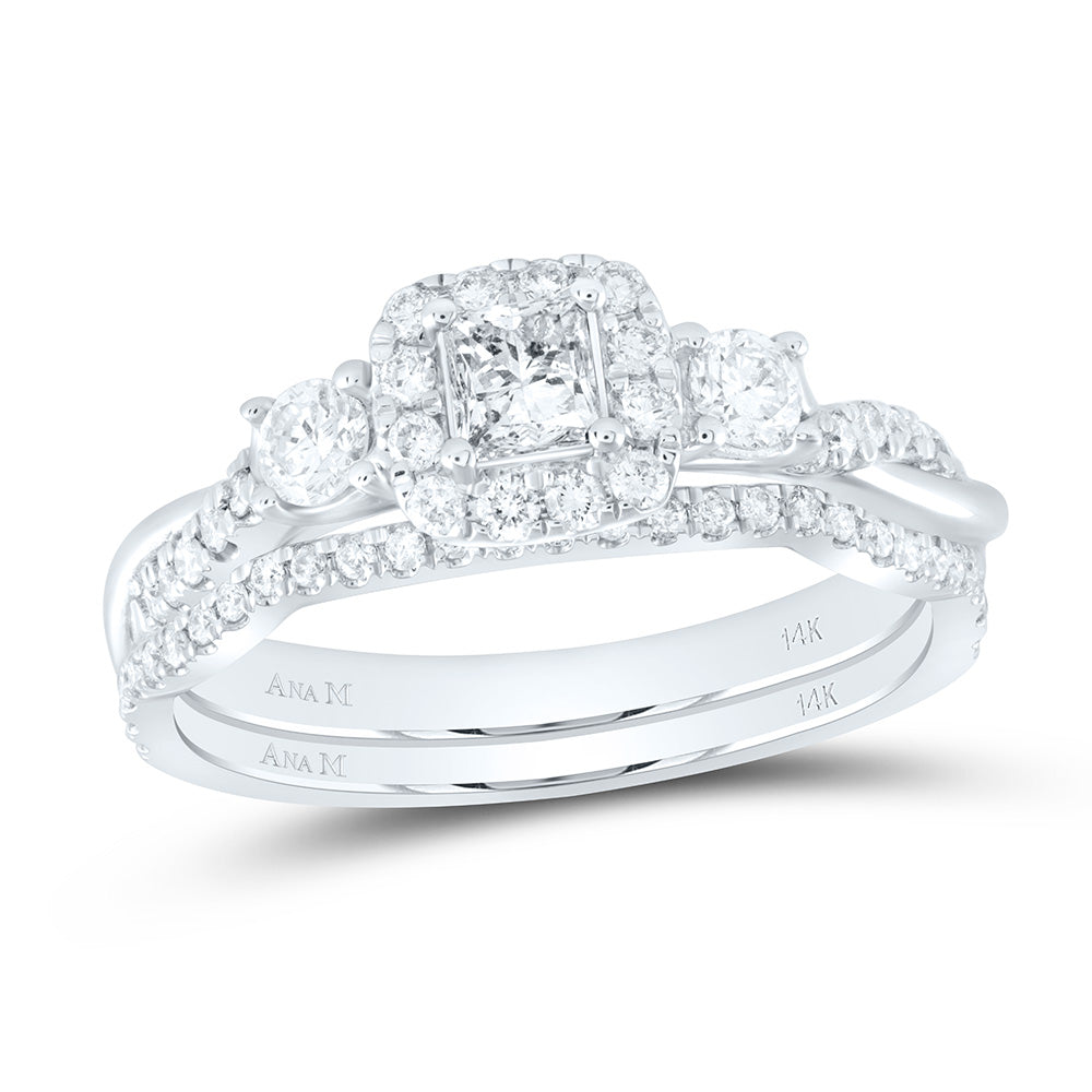 14kt White Gold Princess Diamond Halo Bridal Wedding Ring Band Set 3/4 Cttw