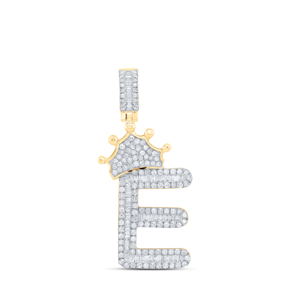 10kt Yellow Gold Mens Baguette Diamond Crown E Letter Charm Pendant 3/4 Cttw