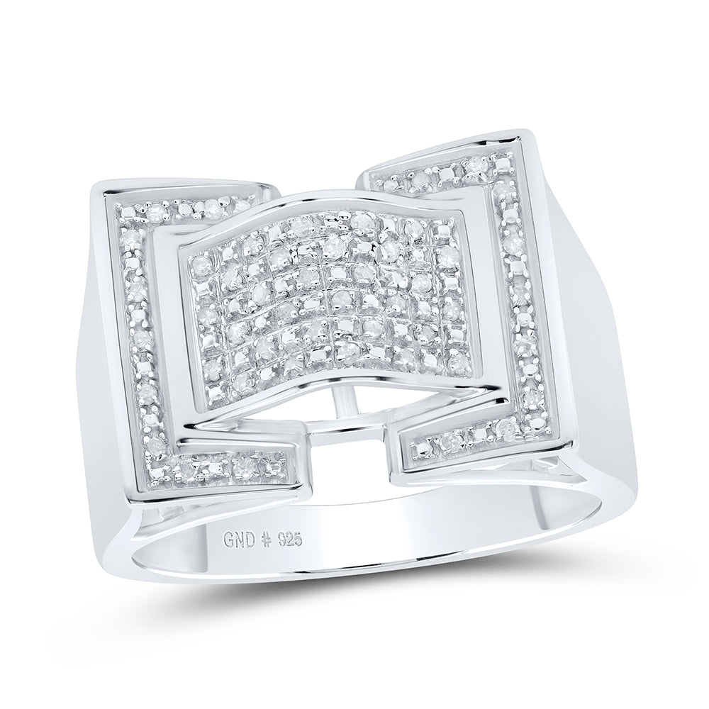 Sterling Silver Mens Round Diamond Domed Rectangle Cluster Ring 1/8 Cttw