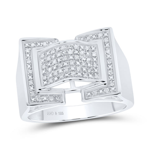 Sterling Silver Mens Round Diamond Domed Rectangle Cluster Ring 1/8 Cttw
