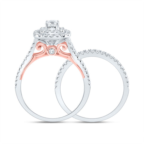 14kt White Gold Round Diamond Halo Bridal Wedding Ring Band Set 1 Cttw
