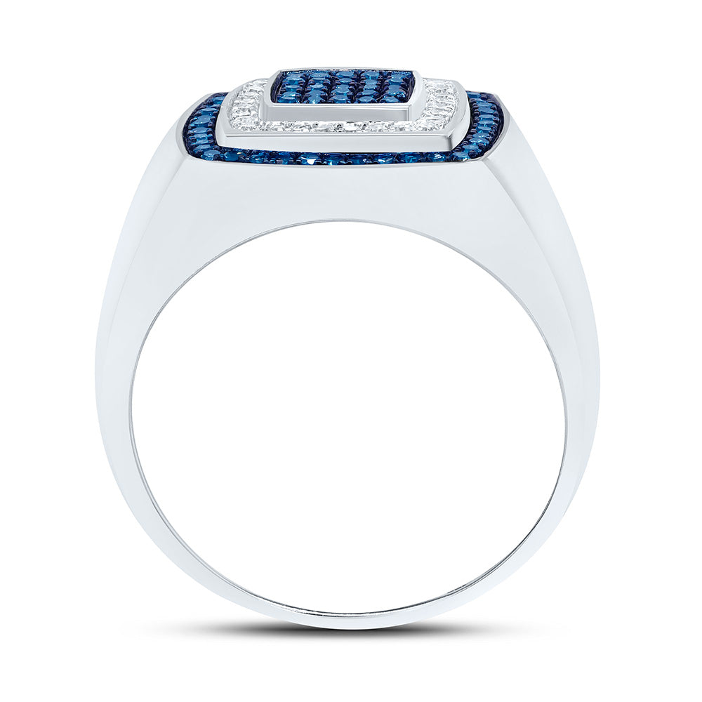 10kt White Gold Mens Round Blue Color Treated Diamond Square Ring 3/4 Cttw