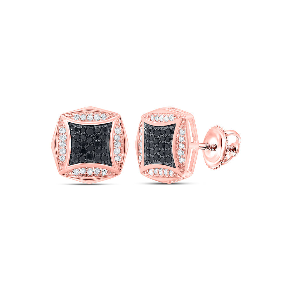 10kt Yellow Gold Round Black Color Treated Diamond Square Earrings 1/4 Cttw