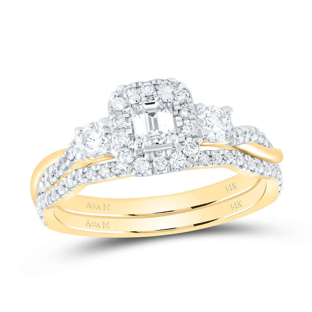 14kt Yellow Gold Emerald Diamond Halo Bridal Wedding Ring Band Set 3/4 Cttw