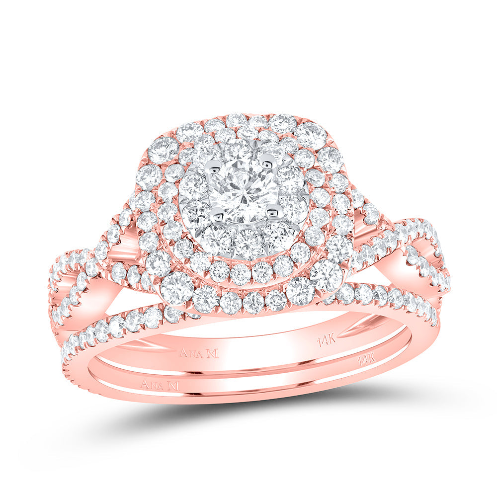 14kt Two-tone Gold Round Diamond Halo Bridal Wedding Ring Band Set 1-1/3 Cttw