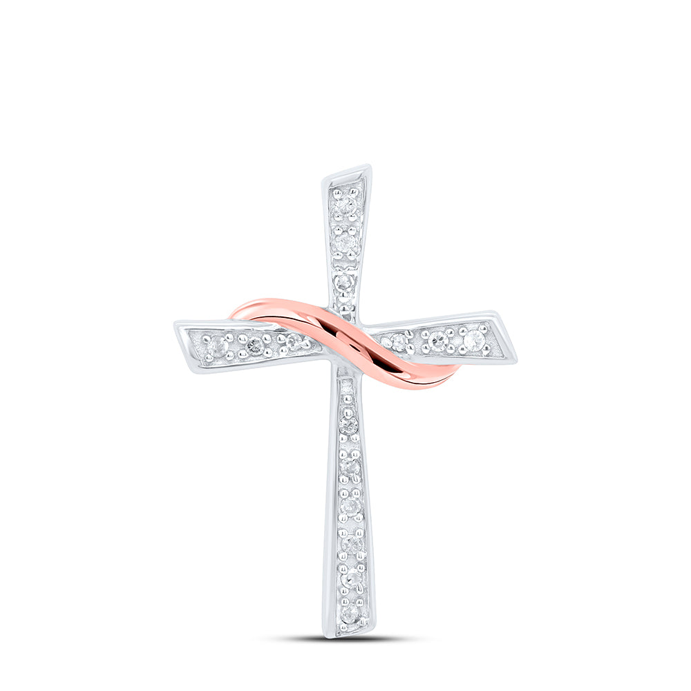 Two-tone Sterling Silver Womens Round Diamond Cross Pendant 1/20 Cttw
