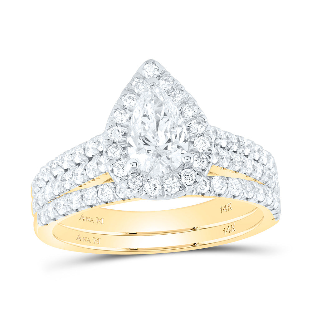 14kt Yellow Gold Pear Diamond Halo Bridal Wedding Ring Band Set 1-1/2 Cttw