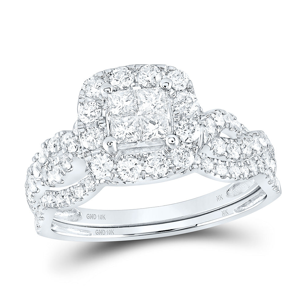 10kt White Gold Princess Diamond Square Bridal Wedding Ring Band Set 1 Cttw